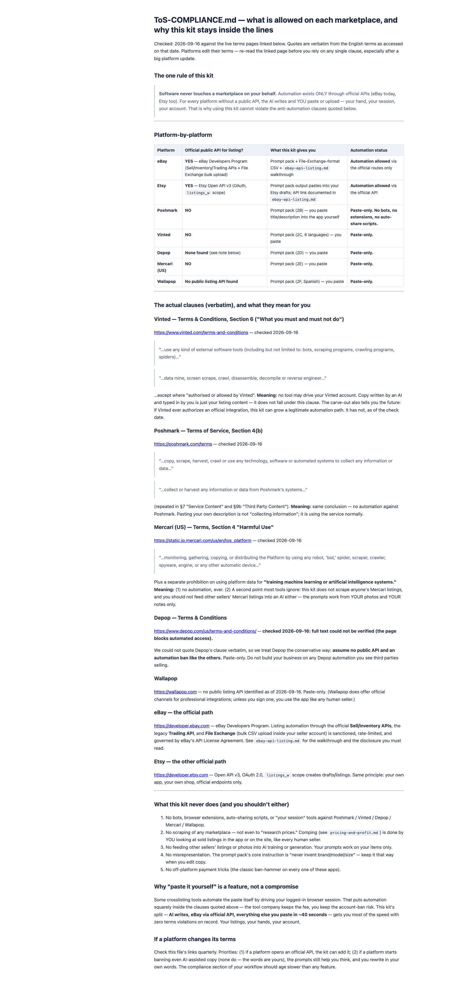 ToS compliance dossier